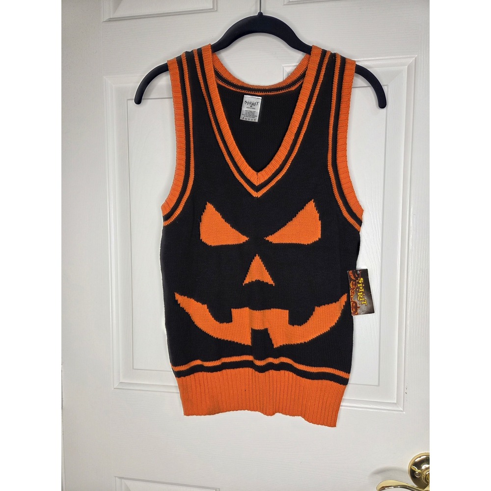Spirit Halloween Pumpkin Face Sweater Knit Vest Black Orange Medium NWT